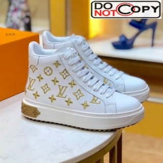 Louis Vuitton Time Out High-top Sneakers in Monogram Embroidered Calfskin White/Gold