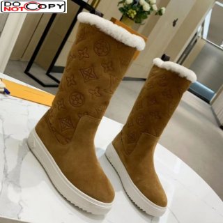Louis Vuitton Breezy Flat Mid-High Boots in Camel Brown Monogram Suede