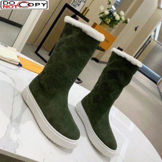 Louis Vuitton Breezy Flat Mid-High Boots in Green Monogram Suede