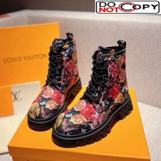 Louis Vuitton Flower Print Fabric Ankle Boots Black