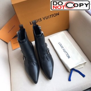 Louis Vuitton Jumble Calfskin Buckle Pointed Toe Flat Short Boots Black Leather