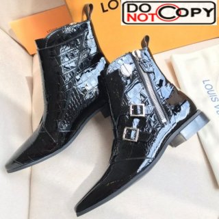 Louis Vuitton Jumble Crocodile Emboss Leather Buckle Pointed Toe Flat Short Boots