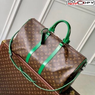 Louis Vuitton Keepall Bandouliere 50 Travel Bag in Monogram Macassar Canvas and Green Leather M46774