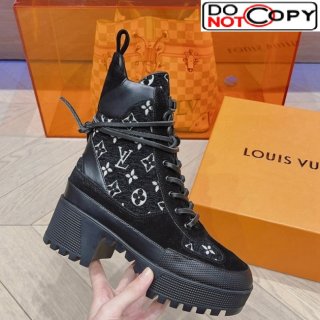Louis Vuitton Laureate Desert Lace-up Platform Ankle Boots 7cm in Monogram Fabric Black