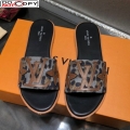 Louis Vuitton Lock It Flat Slide Sandals with Patchwork Logo Grey