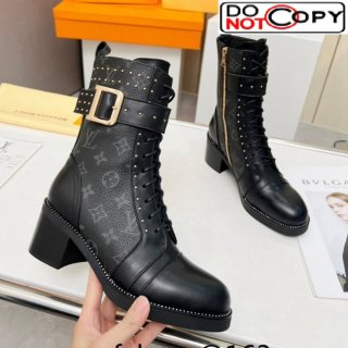 Louis Vuitton Monogram Canvas Ankle Boots 5cm with Buckle Strap and Studs Black
