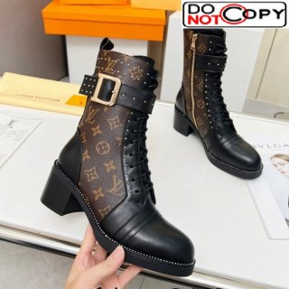 Louis Vuitton Monogram Canvas Ankle Boots 5cm with Buckle Strap and Studs Brown