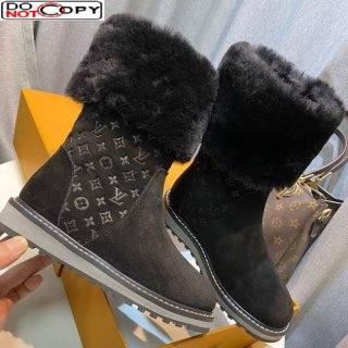 Louis Vuitton Monogram Suede Short Boots with Wool Foldover Black