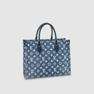Louis Vuitton Onthego MM Tote Bag in Faded Denim Jacquard M59608 Navy Blue