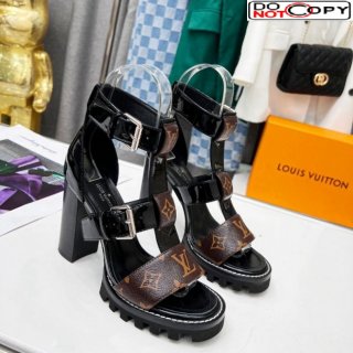 Louis Vuitton Patent Leather and Canvas Heel Sandals 9cm with Buckle Strap Black