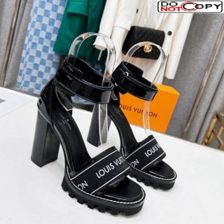 Louis Vuitton Patent Leather Heel Sandals 9cm with Logo Strap Black
