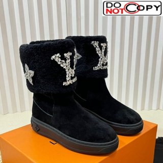 Louis Vuitton Snowdrop Shearling and Suede Flat Ankle Boots with Crystals Black