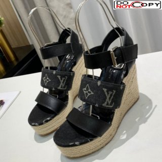 Louis Vuitton Starboard Wedge Sandals 10cm in Denim and Leather Black