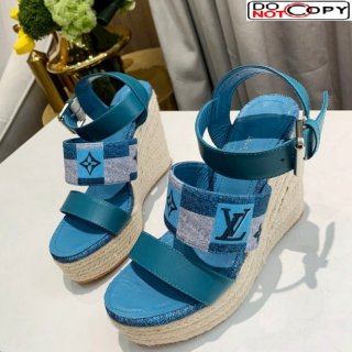 Louis Vuitton Starboard Wedge Sandals 10cm in Jacquard and Leather Blue