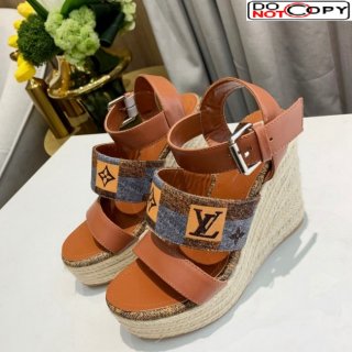 Louis Vuitton Starboard Wedge Sandals 10cm in Jacquard and Leather Brown