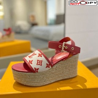 Louis Vuitton Starboard Wedge Sandals 10cm in Monogram-embroidered Cotton Red