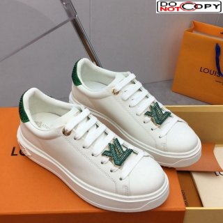 Louis Vuitton Time Out Sneaker in White Leather with LV Charm and Crystals Green