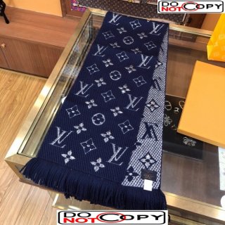 Louis Vuitton Logomania Wool Long Scarf with Fringe 30x175cm Navy Blue/Silver