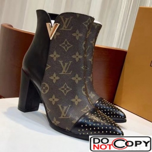Louis Vuitton Monogram Canvas Studded Leather Ankle Boot Black