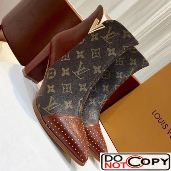Louis Vuitton Monogram Canvas Studded Leather Ankle Boot Brown