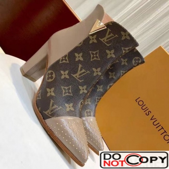Louis Vuitton Monogram Canvas Studded Leather Ankle Boot Nude