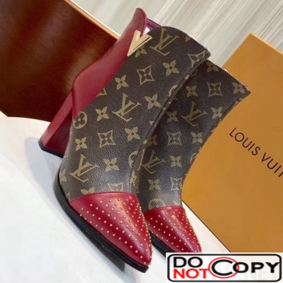 Louis Vuitton Monogram Canvas Studded Leather Ankle Boot Red