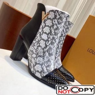 Louis Vuitton Python Pattern Leather Studded Leather Ankle Boot Black White